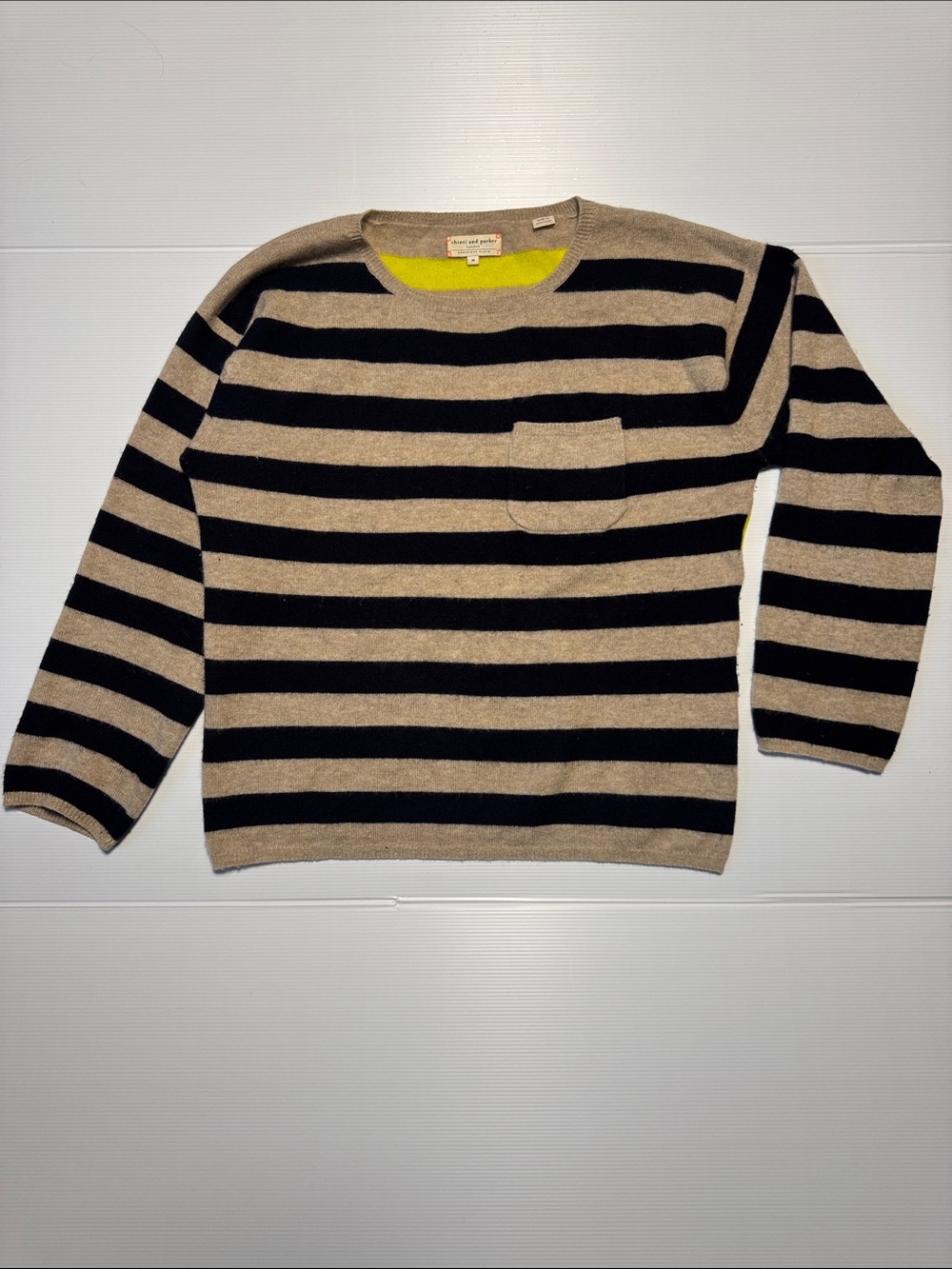 CHINTI & PARKER London Beige Dark Navy Striped Crewneck Sweater 100% Cashmere M